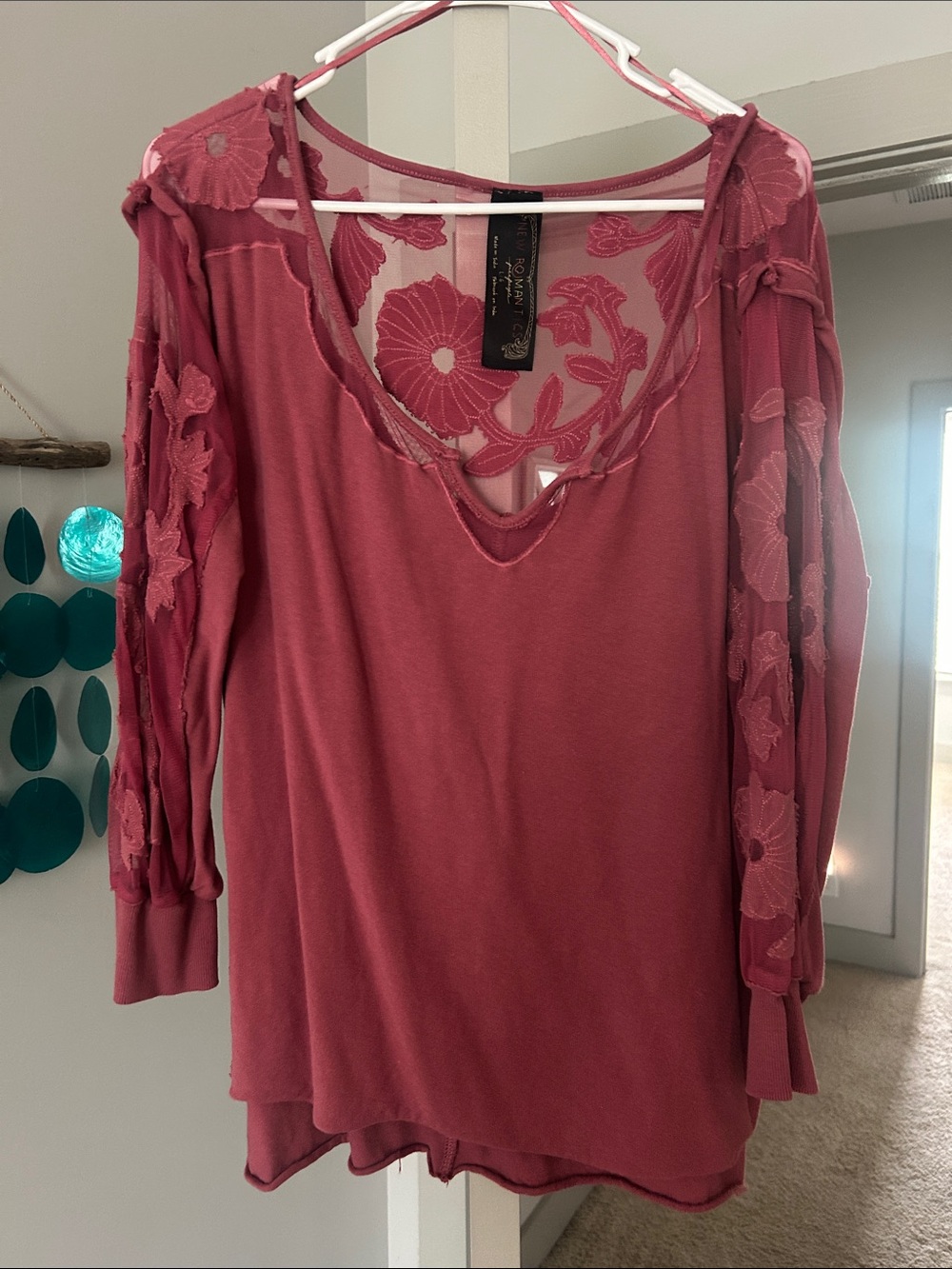 Free People Dusty Rose Floral Lace Long-Sleeve V-Neck Top